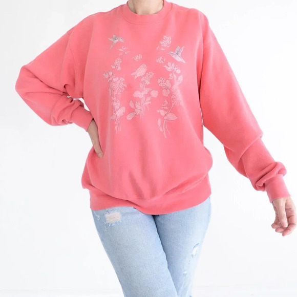 Vintage  Soffe Sweats Made in USA Pink w Floral & Bird Design Crewneck Sweater L - Picture 1 of 15